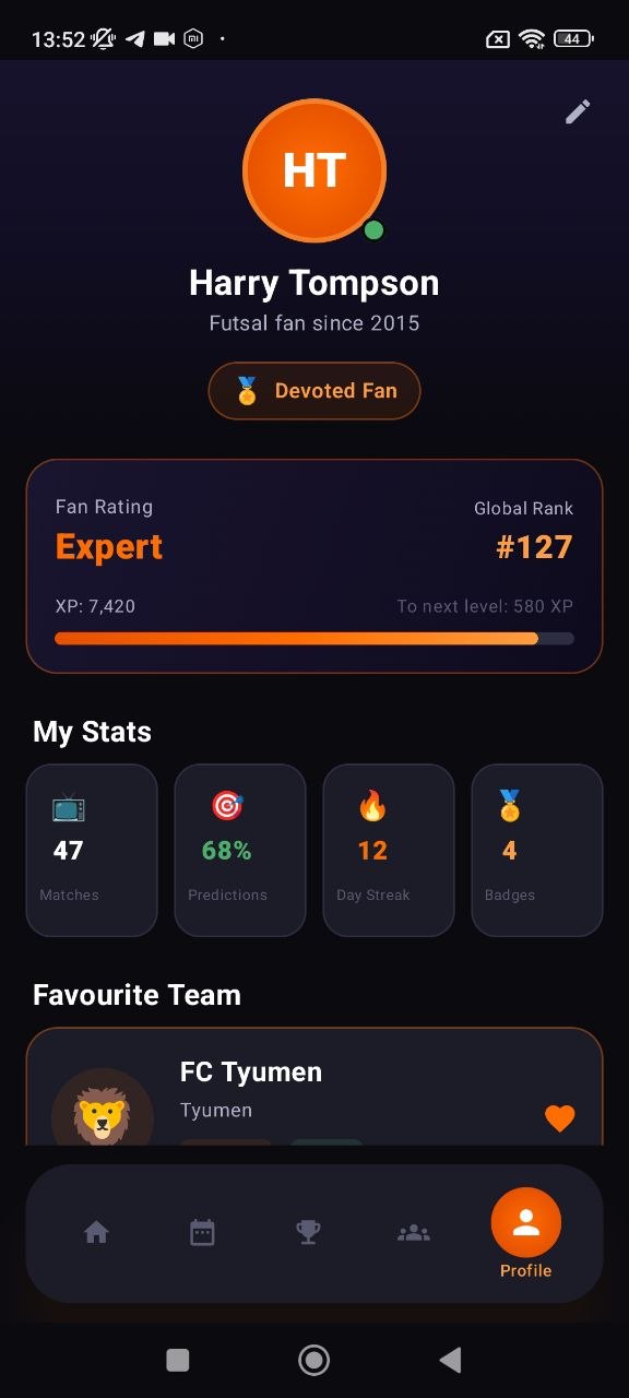 Standings table screen